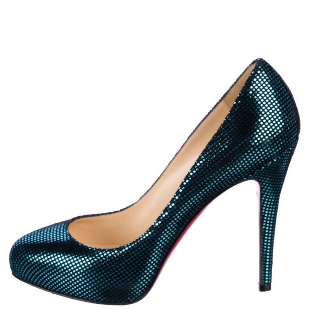 Christian Louboutin Teal Sequin Pointed-Toe Pumps